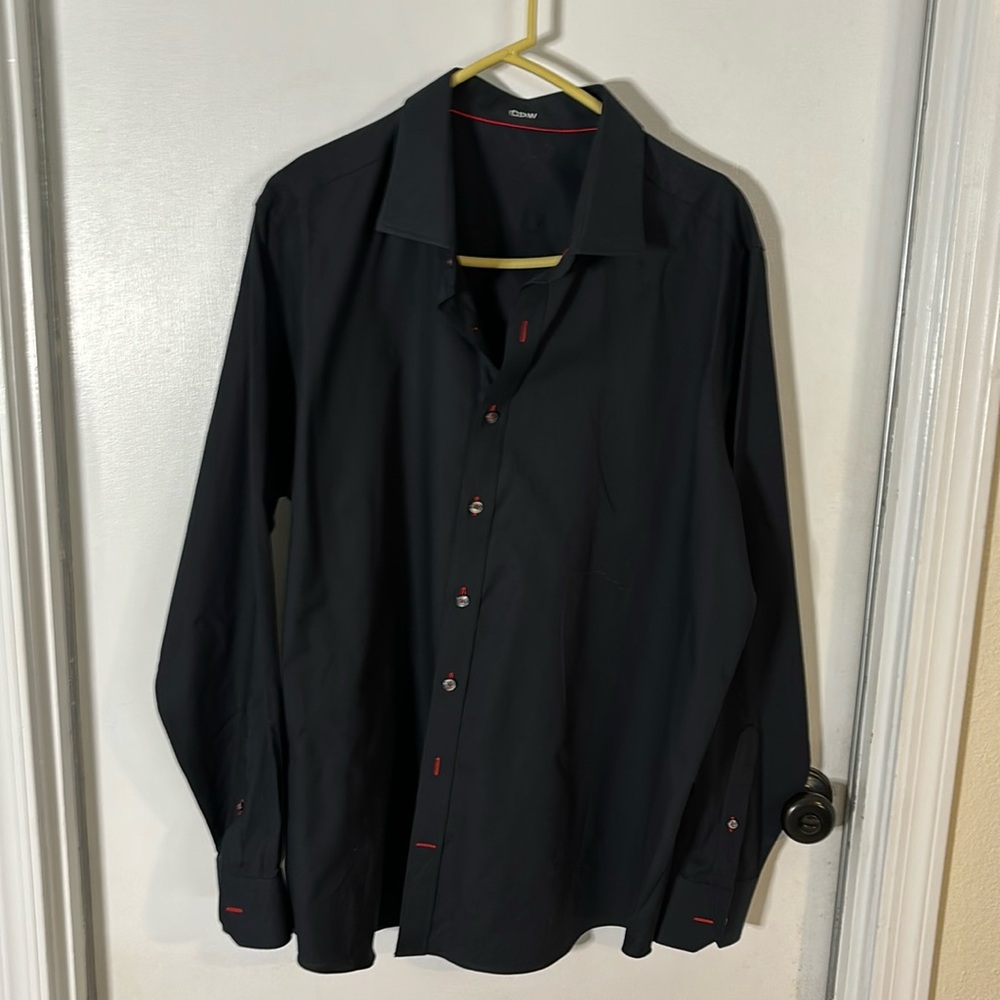 Mens dress shirt black with red trim on button holes